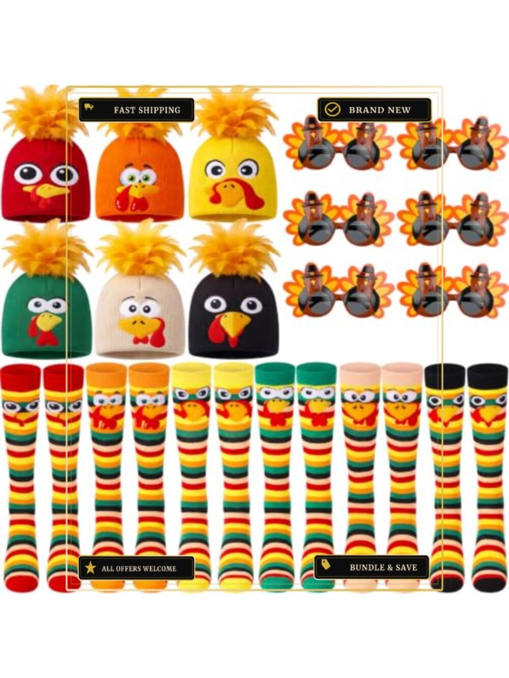 Thanksgiving Turkey Trot Costume Set Beanie Hat Socks Glasses Adult